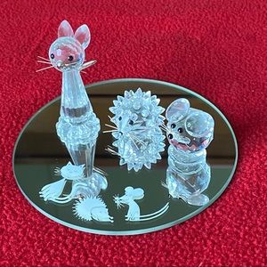 Swarovski Retired Set of 3: Cat, Mouse & Hedgehog on Matching Mirror Base